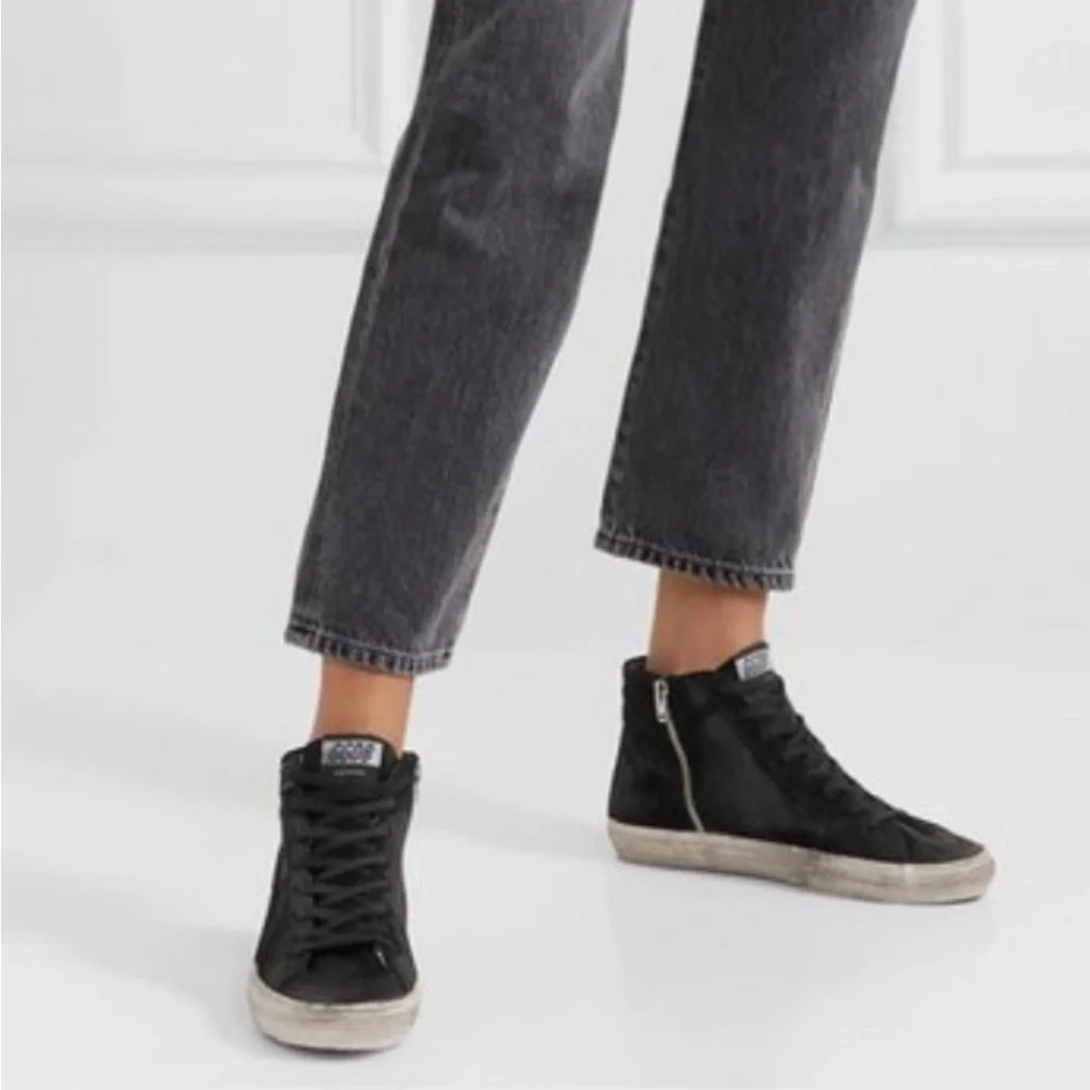 Golden Goose Slide- Black Suede Sneakers Distressed Look Lace-Up - Picture 2 of 9